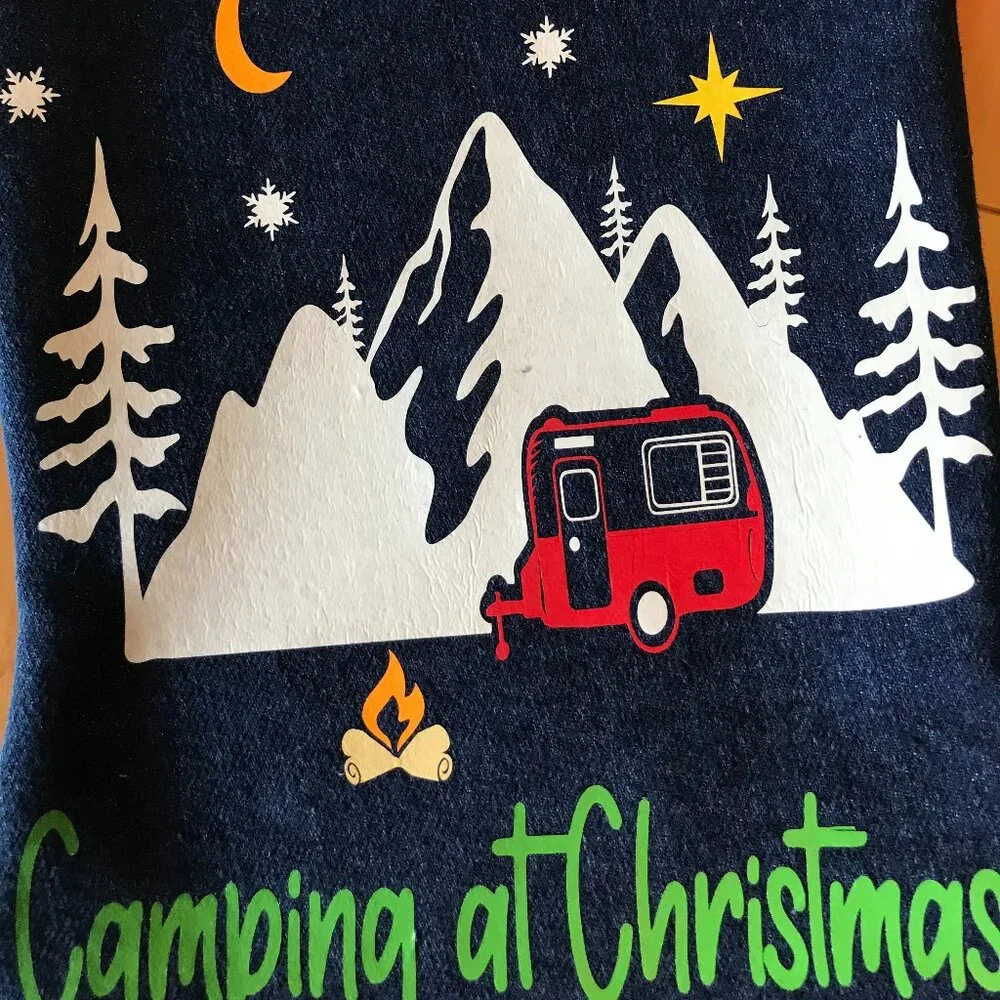 Handmade Denim Christmas Stocking, Mountains Cabin Decor Camping Fishing M-L